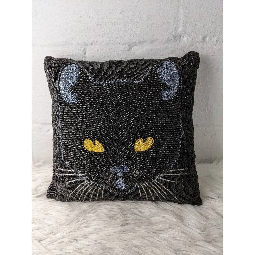 Pier1 Black‎ Cat Yellow eyes Beaded Pillow Gosh Halloween Spooky Decor 12X12